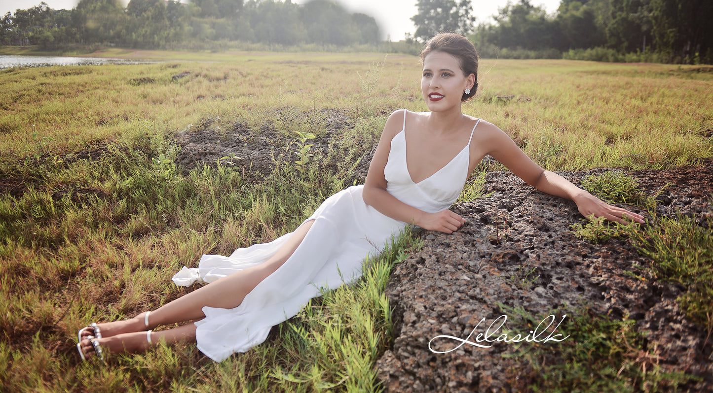 Long Silk Dress with Lace - Women Silk Dress - Evening Silk Gown - Wedding Guest Dress