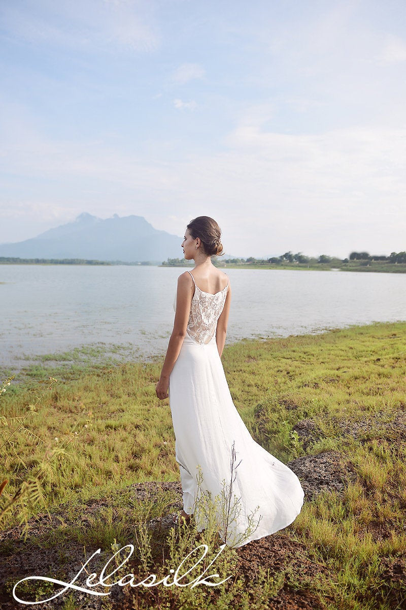 Long Silk Dress with Lace - Women Silk Dress - Evening Silk Gown - Wedding Guest Dress
