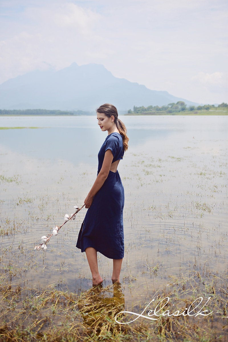 Open back Cotton Dress - Linen Cotton Dress - Button Down Cotton Dress - Organic Cotton Clothing