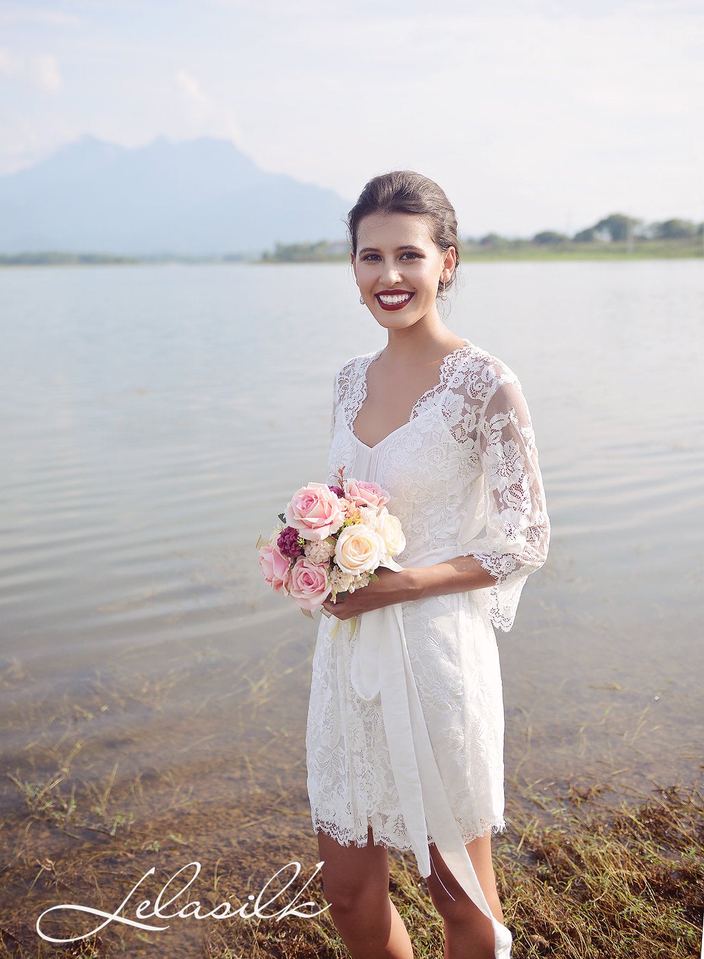 Short Lace Robe - Getting Ready Robe - Wedding Dressing Gown - Bridal Lace Robe - Bridesmaids Lace Robe