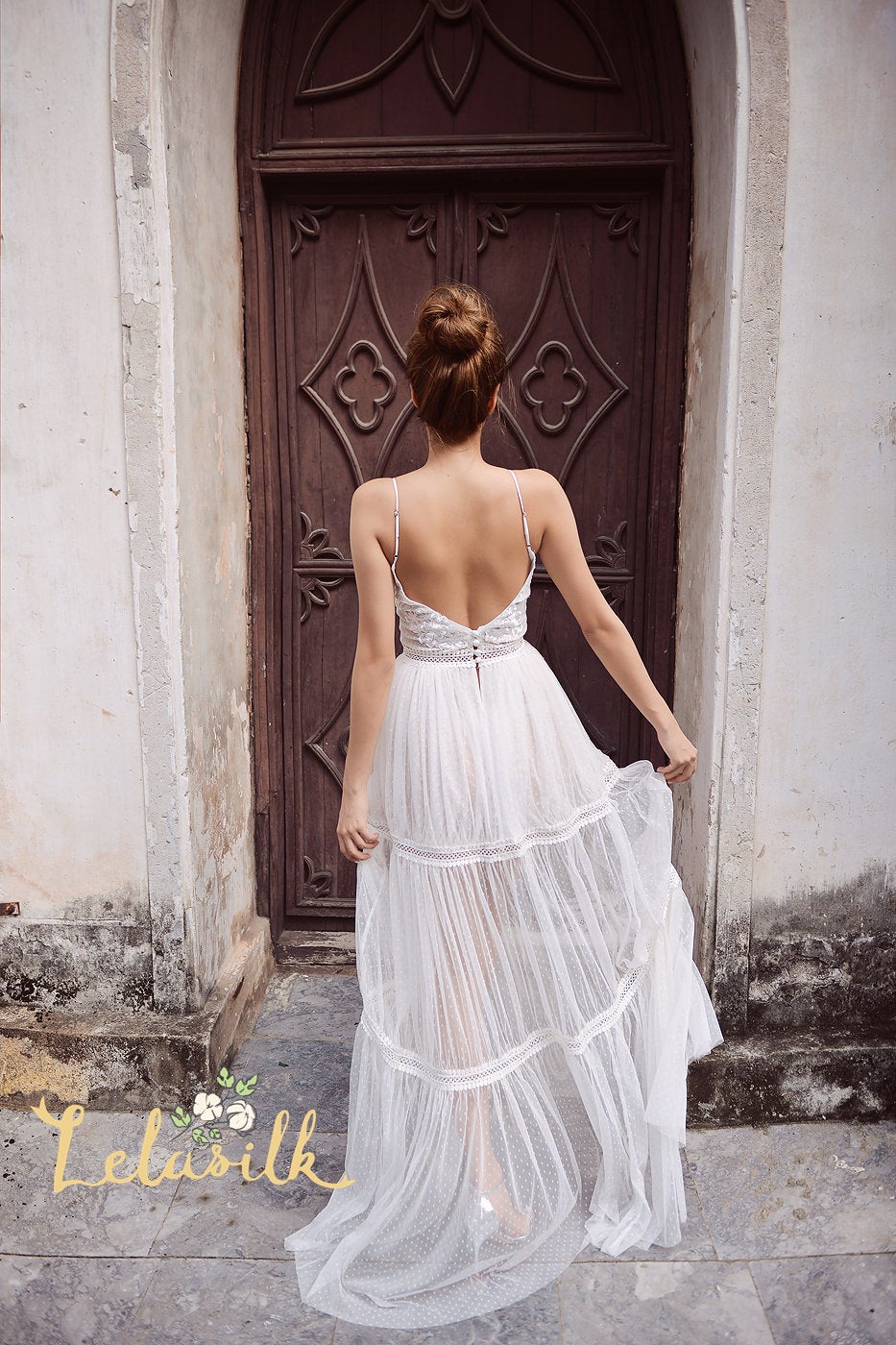 Lowback Bridal Gown with Straps - Embellished Wedding Dress - Lace and Tulle Wedding Dress