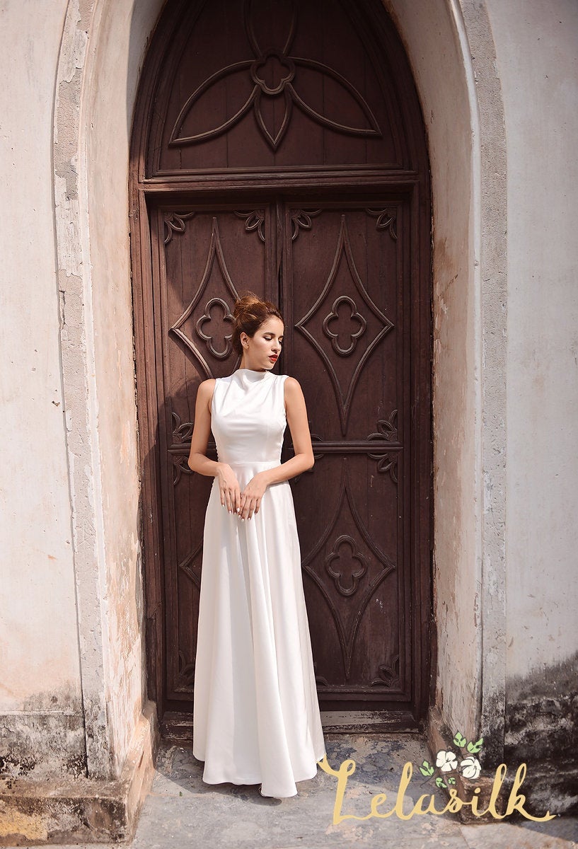 Wedding Dress Ivory Turtleneck - Sleeveless Silk Wedding Dress - Church Wedding Dress - Tailored Fit