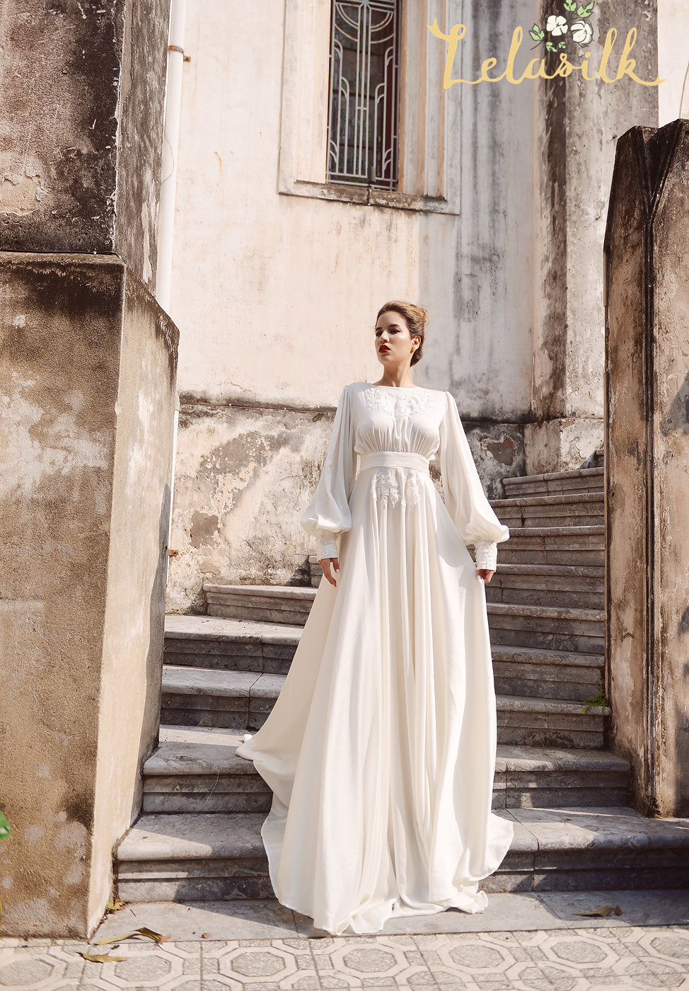 Silk Wedding Dress - Embellished Lace Wedding Dress - Ivory Wedding Dress