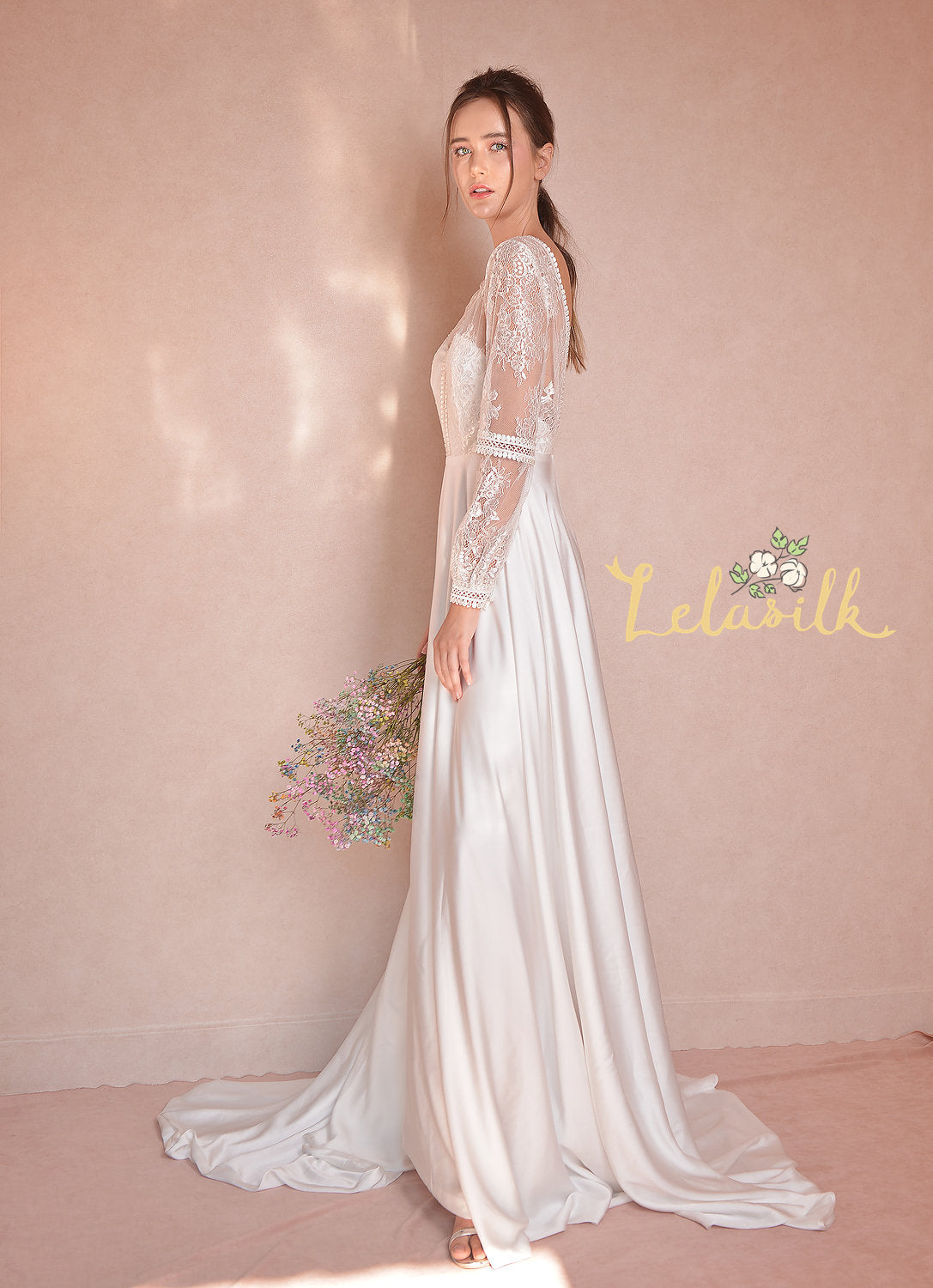 Modern Lace White Dress - Long Train Silk Dress - Silk Wedding Dress