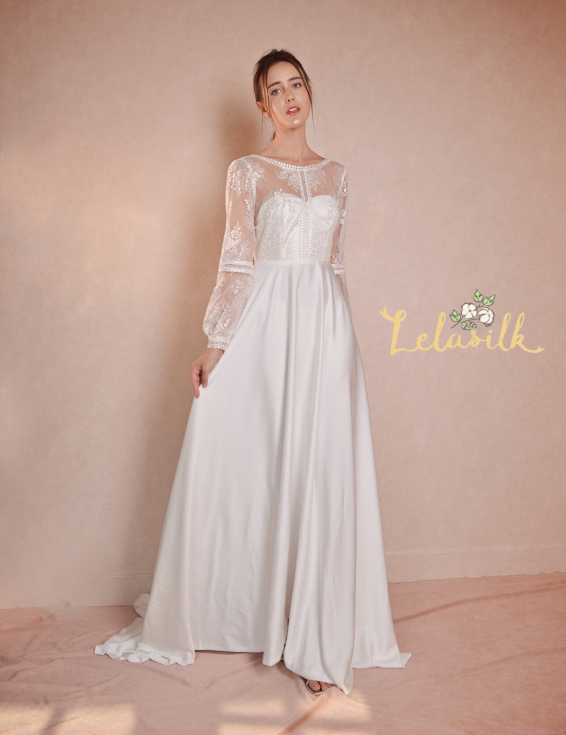 Modern Lace White Dress - Long Train Silk Dress - Silk Wedding Dress