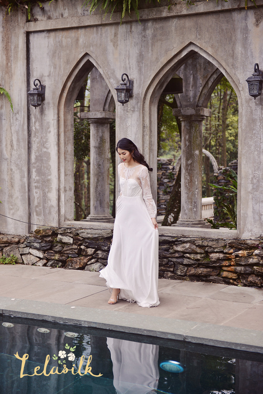 Modern Lace White Dress - Long Train Silk Dress - Silk Wedding Dress