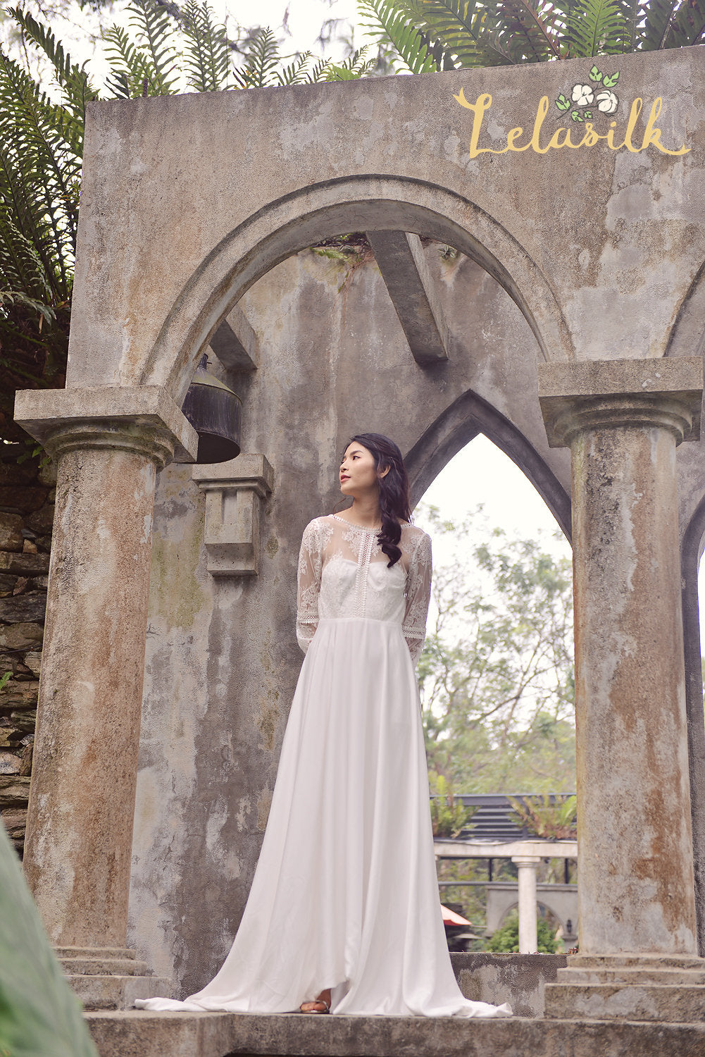 Modern Lace White Dress - Long Train Silk Dress - Silk Wedding Dress