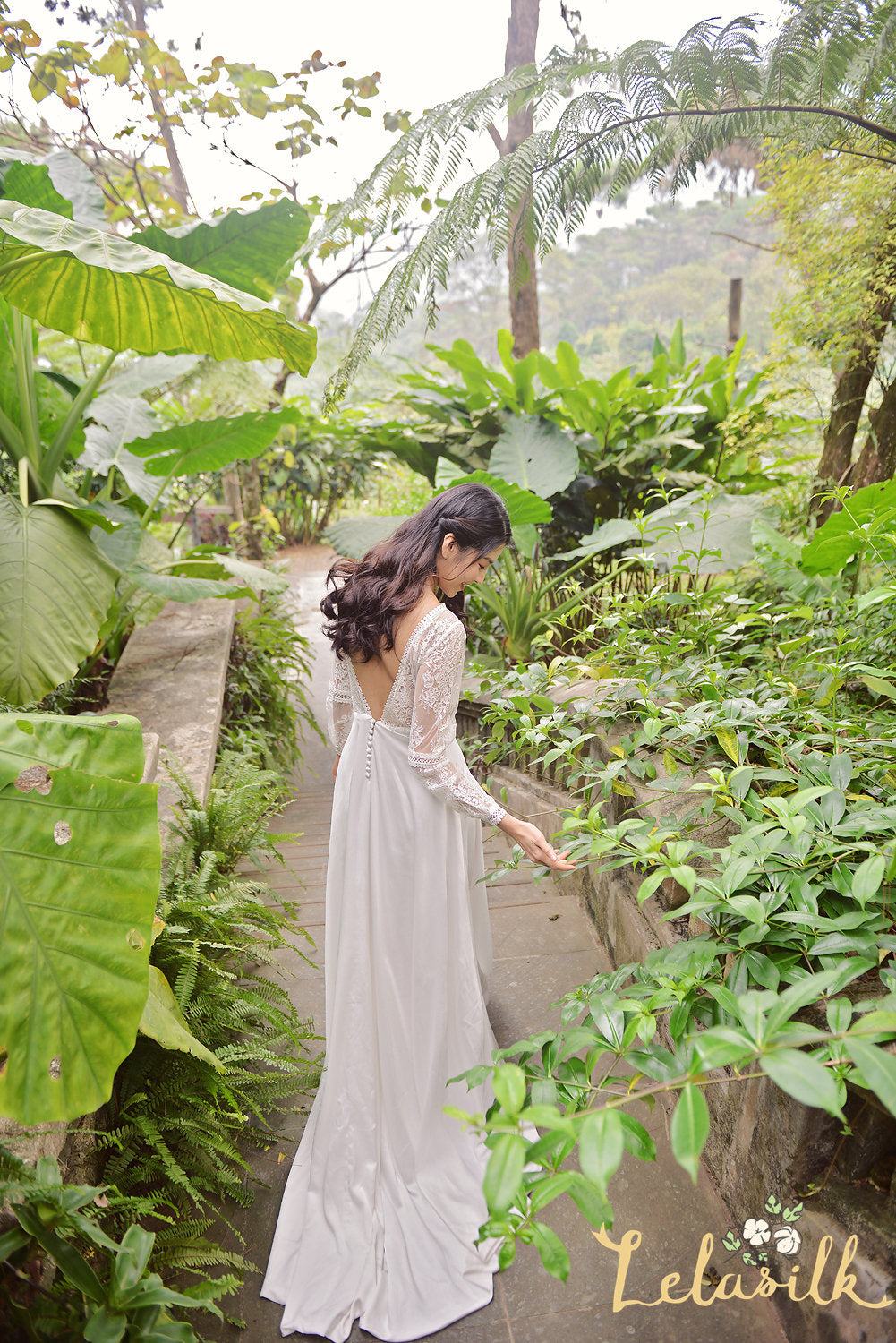 Modern Lace White Dress - Long Train Silk Dress - Silk Wedding Dress