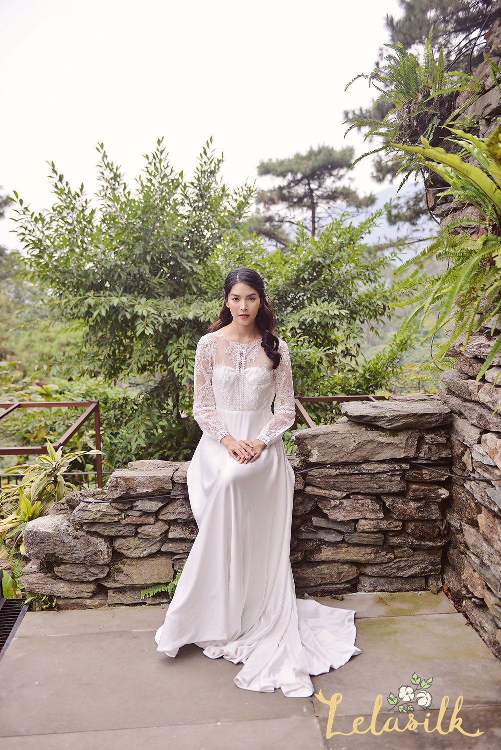 Lace Long Bridal Dress - Silk Wedding Dress - Modern Lace White Dress