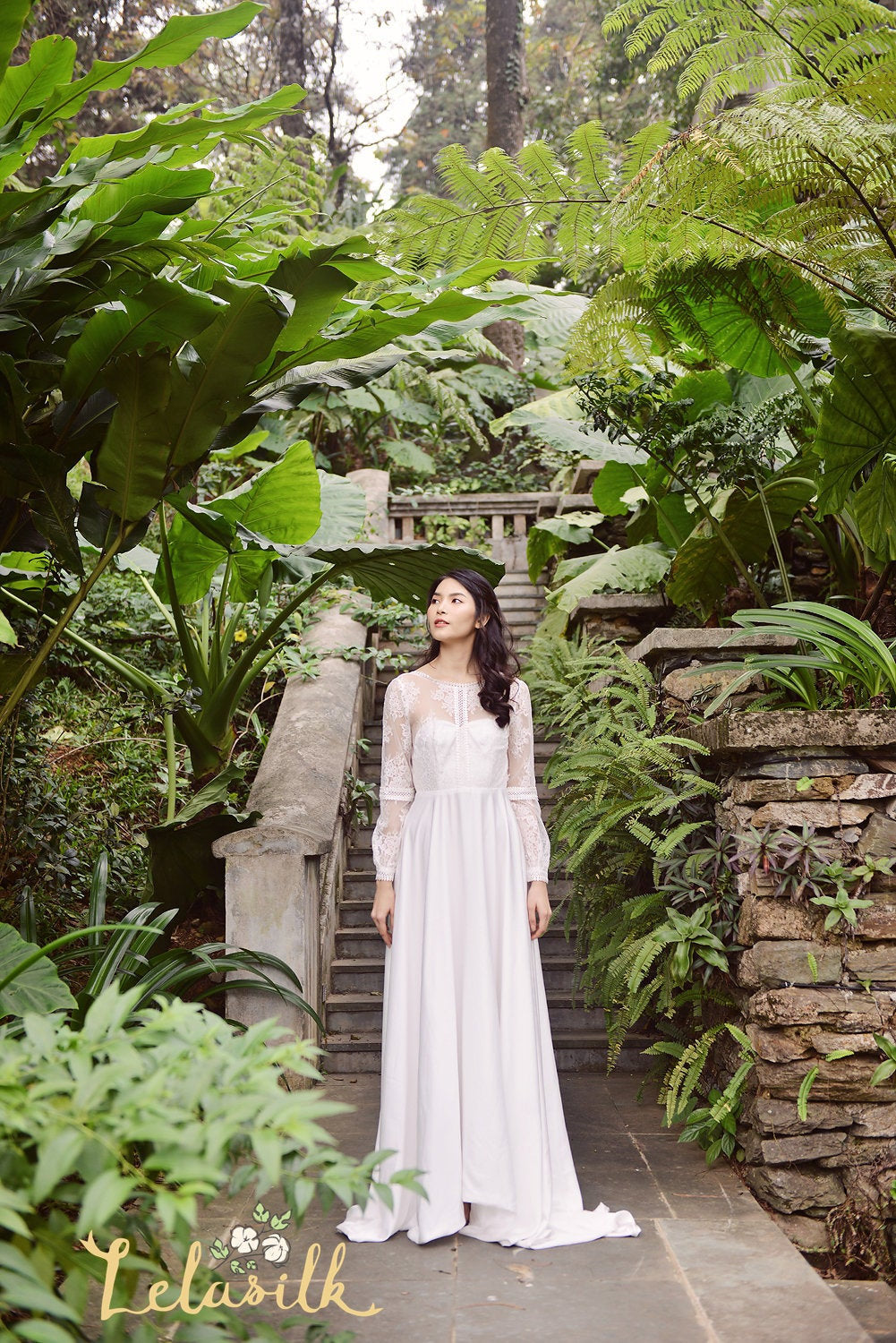 Lace Long Bridal Dress - Silk Wedding Dress - Modern Lace White Dress