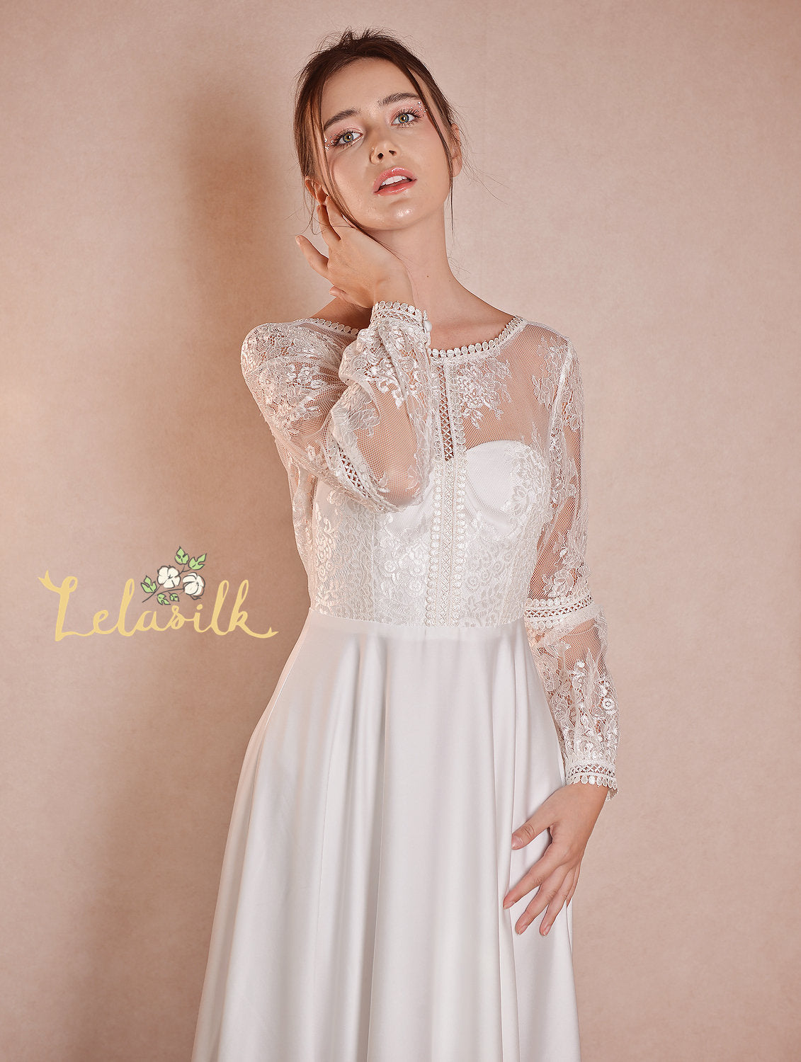 Lace Long Bridal Dress - Silk Wedding Dress - Modern Lace White Dress