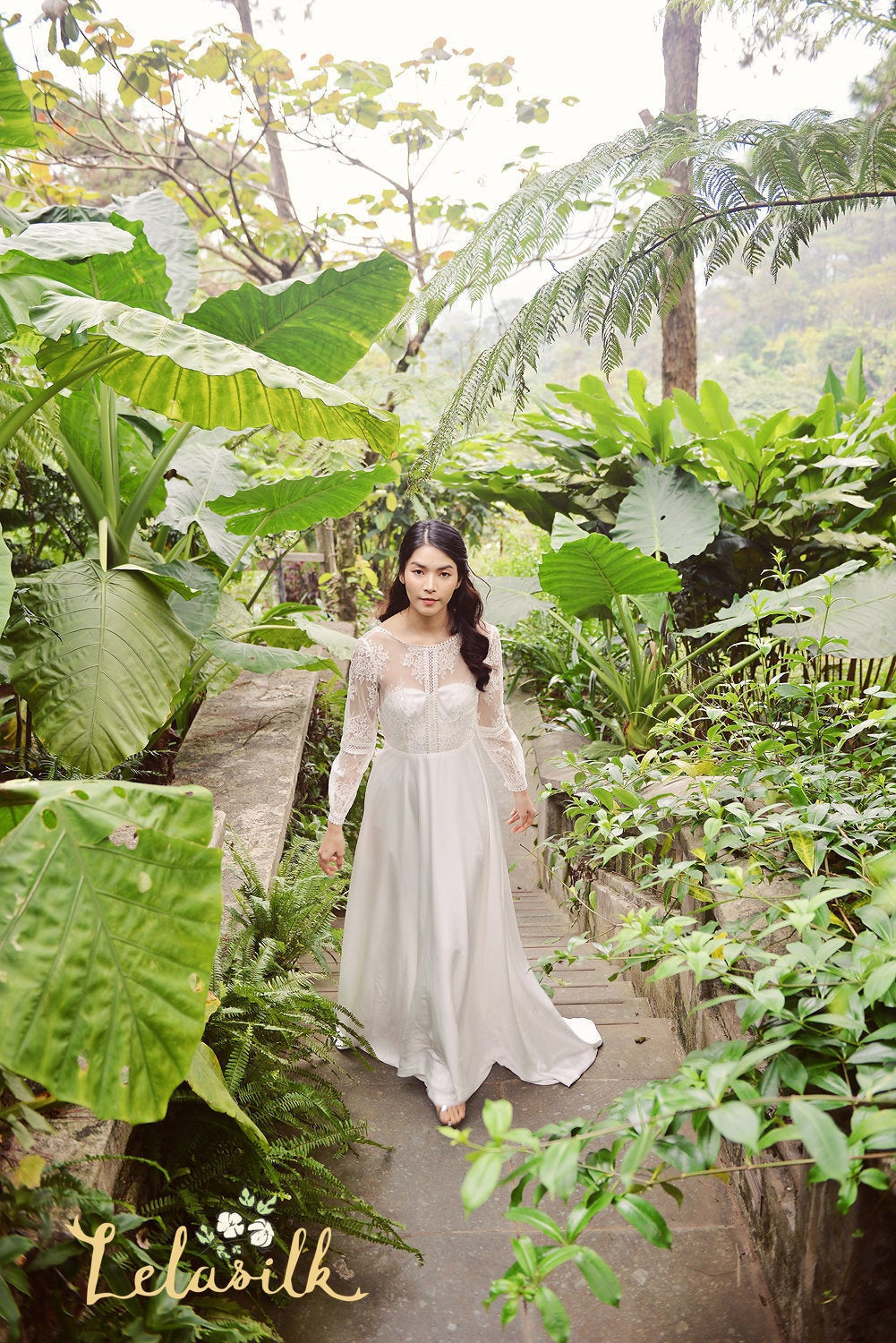 Lace Long Bridal Dress - Silk Wedding Dress - Modern Lace White Dress