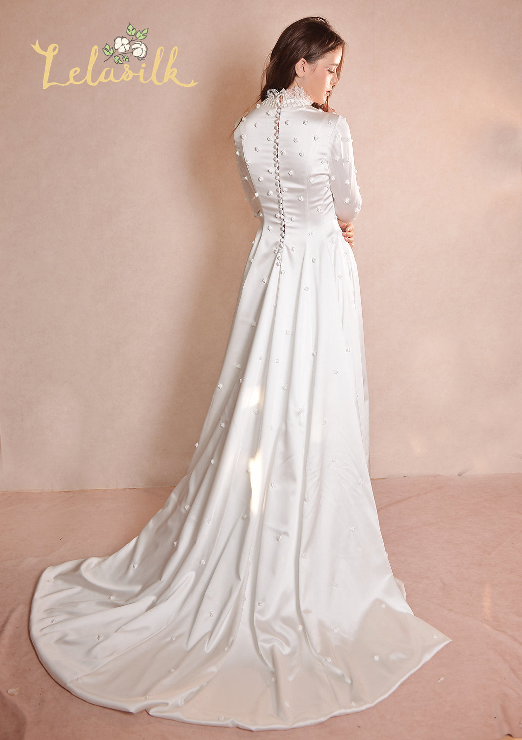 Embroidered Silk Dress - Classic Silk Wedding Dress - Flower Detailed Silk Gown