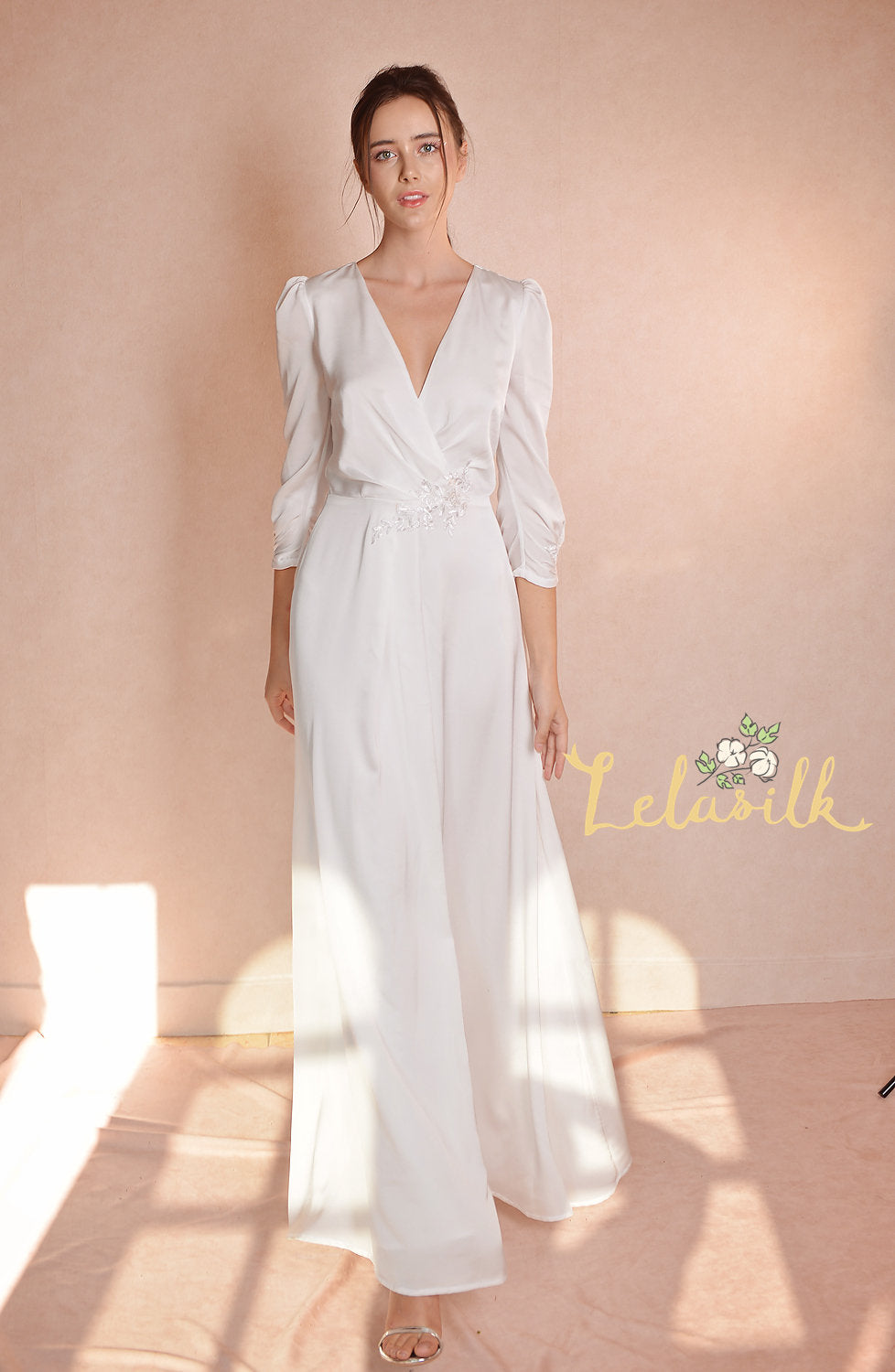 Simple Wedding Dress - Women Long Dress - Embroidered Waist Dress - Long Silk Dress