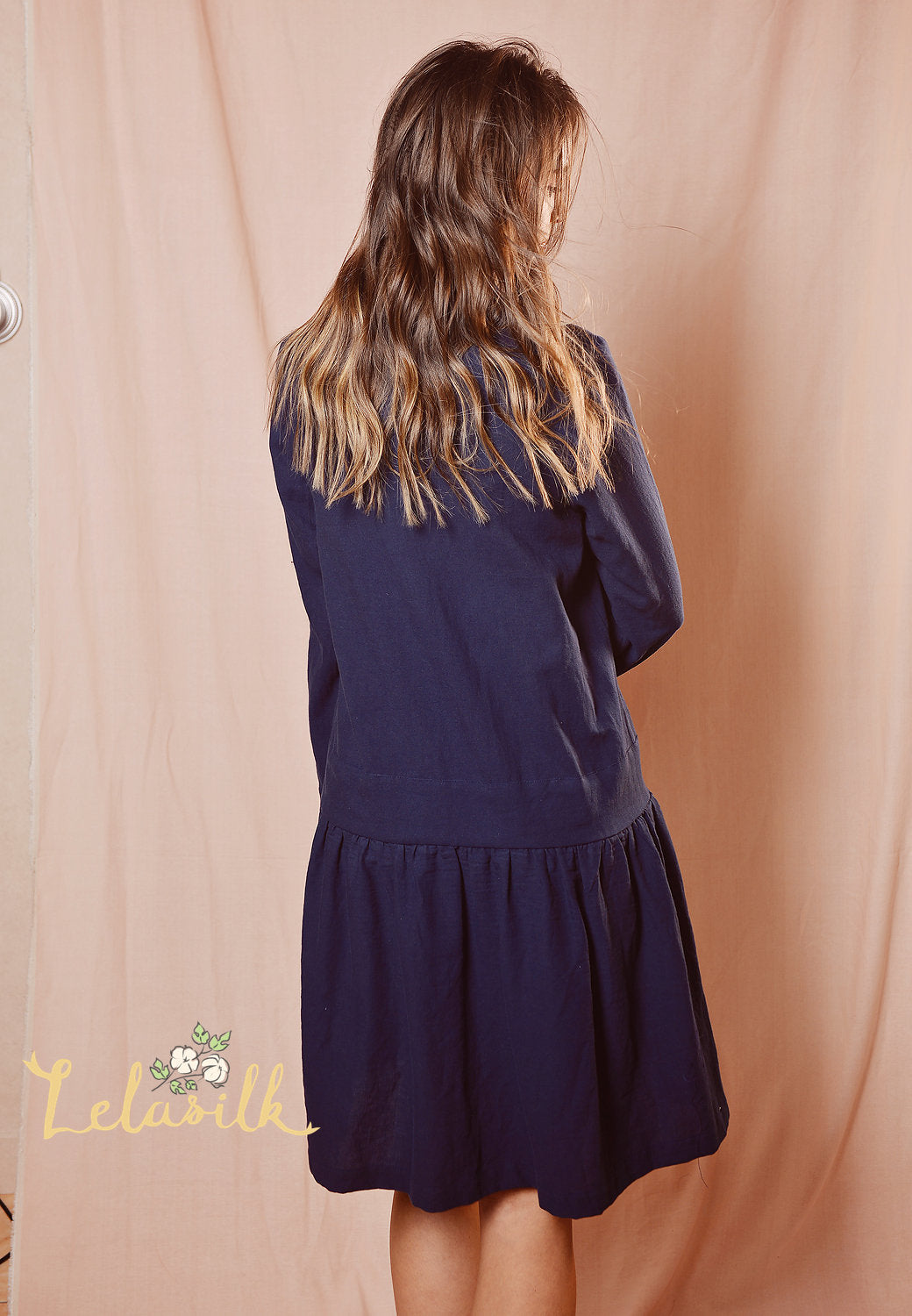 Button Down Cotton Dress - Simple Cotton Dress - Long Sleeves Cotton Dress