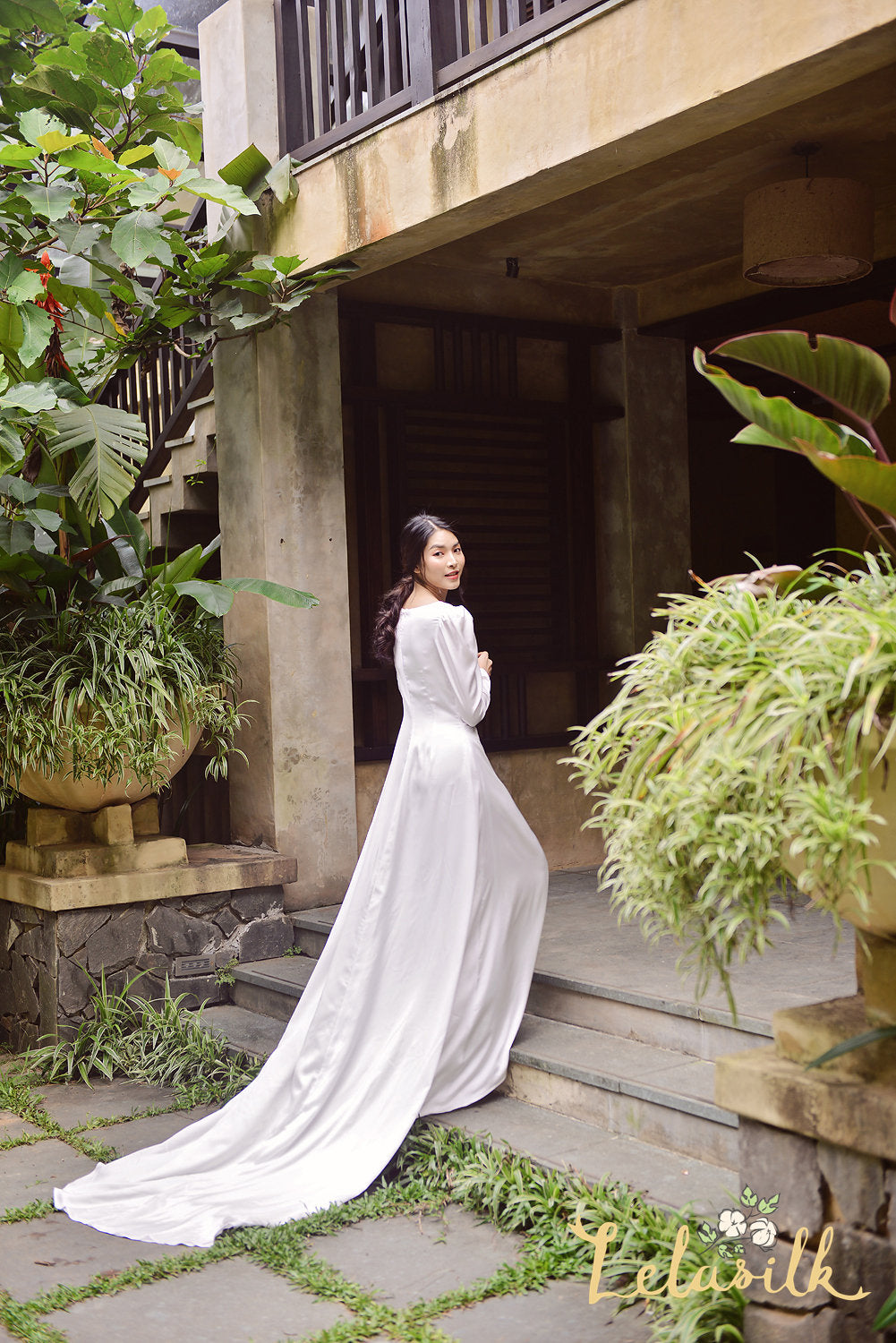 Bridal Gown with Long Train - Modern Simple Silk Dress - Long Train Silk Dress