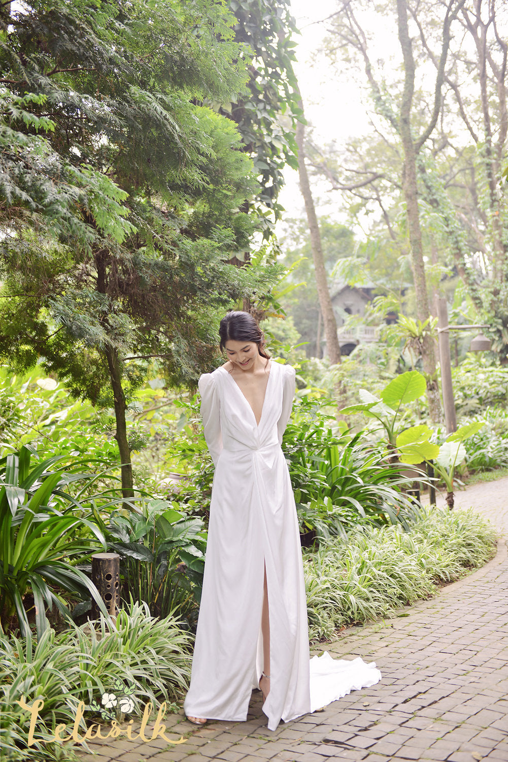 Bridal Gown with Long Train - Modern Simple Silk Dress - Long Train Silk Dress