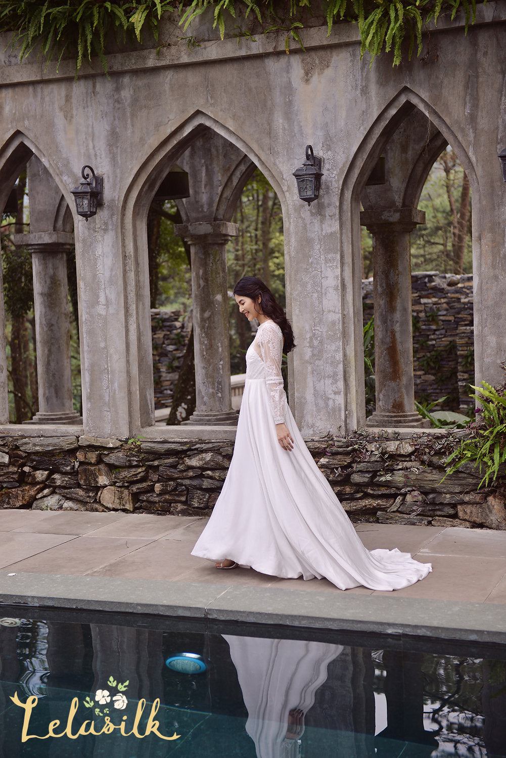 Modern Lace White Dress - Long Train Silk Dress - Silk Wedding Dress
