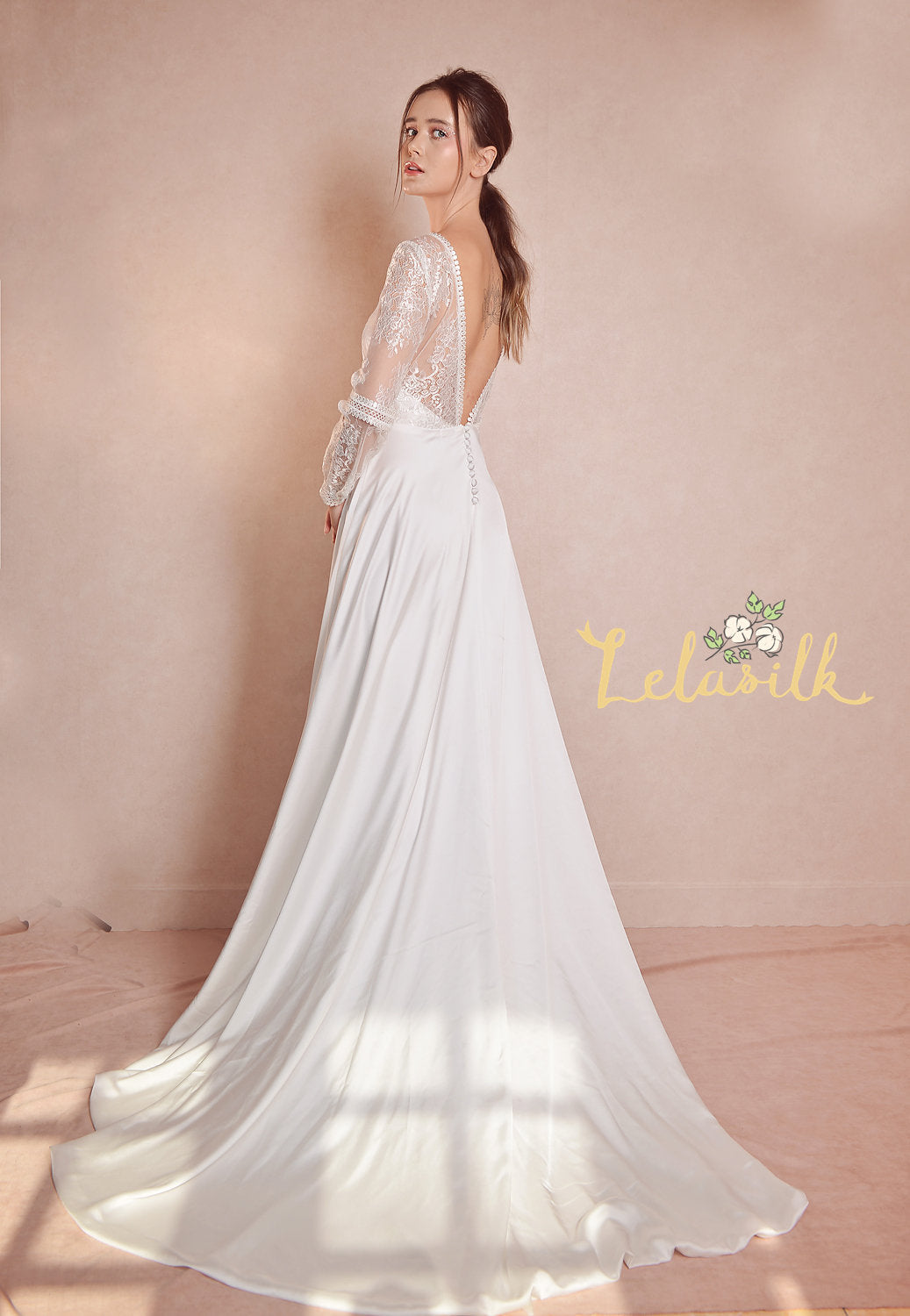 Lace Long Bridal Dress - Silk Wedding Dress - Modern Lace White Dress