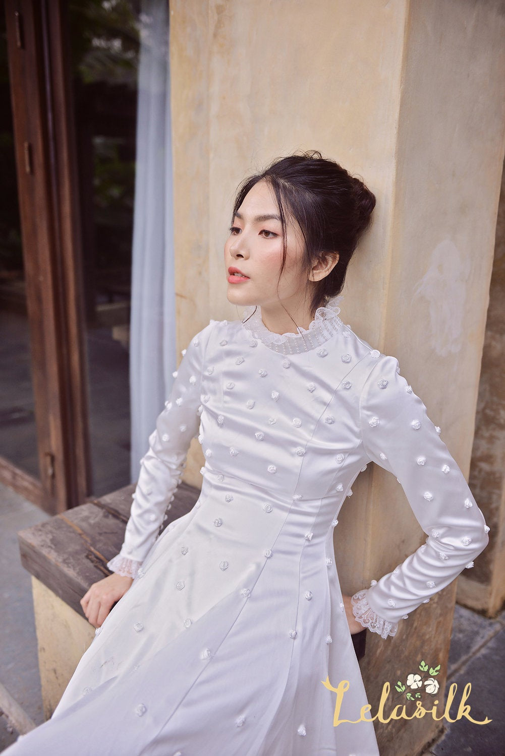 Classic Silk Wedding Dress/Hand embroidered Silk Dress/ Detailed Silk Gown