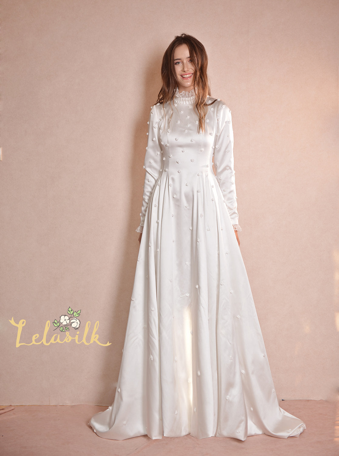 Embroidered Silk Dress - Classic Silk Wedding Dress - Flower Detailed Silk Gown