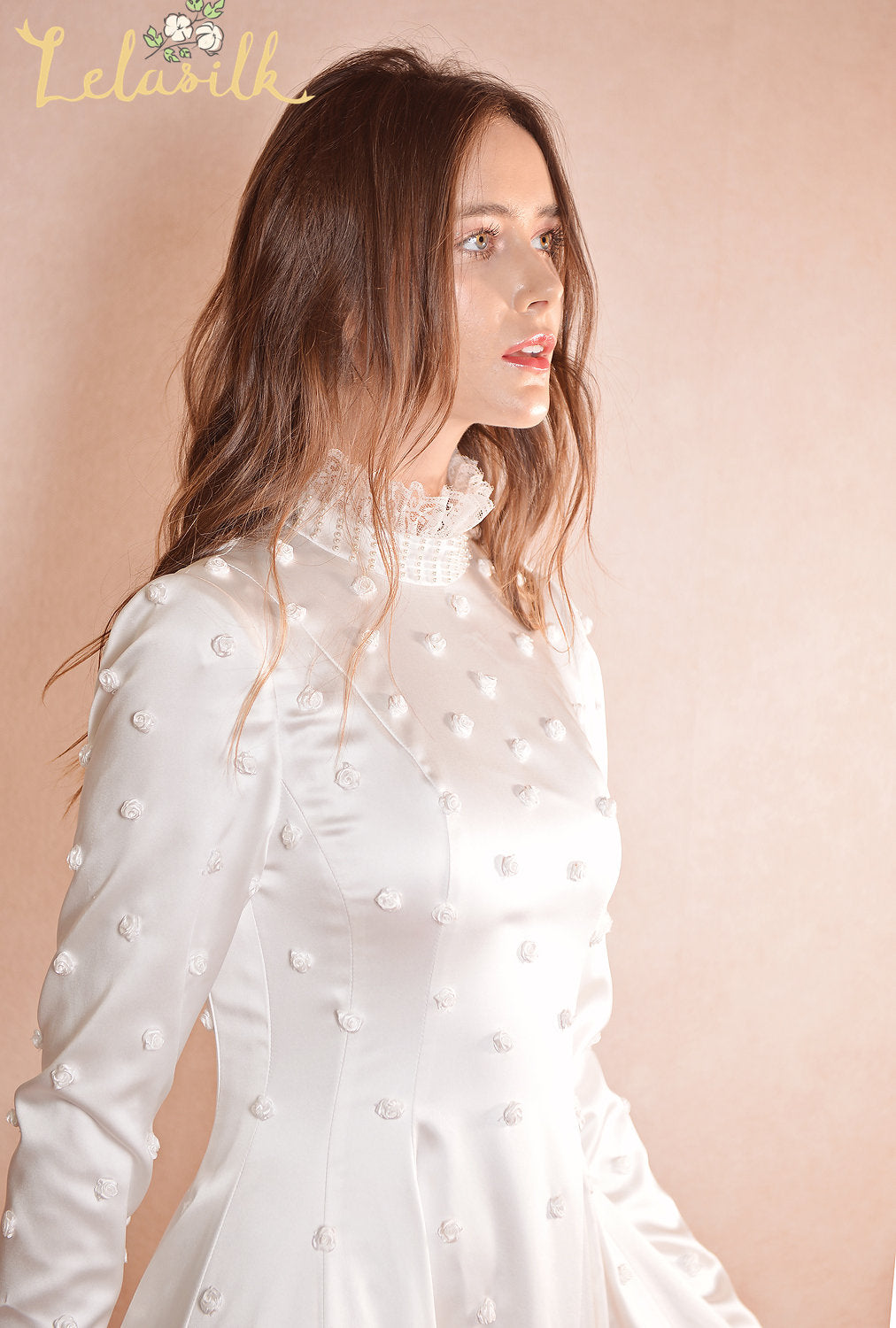 Embroidered Silk Dress - Classic Silk Wedding Dress - Flower Detailed Silk Gown