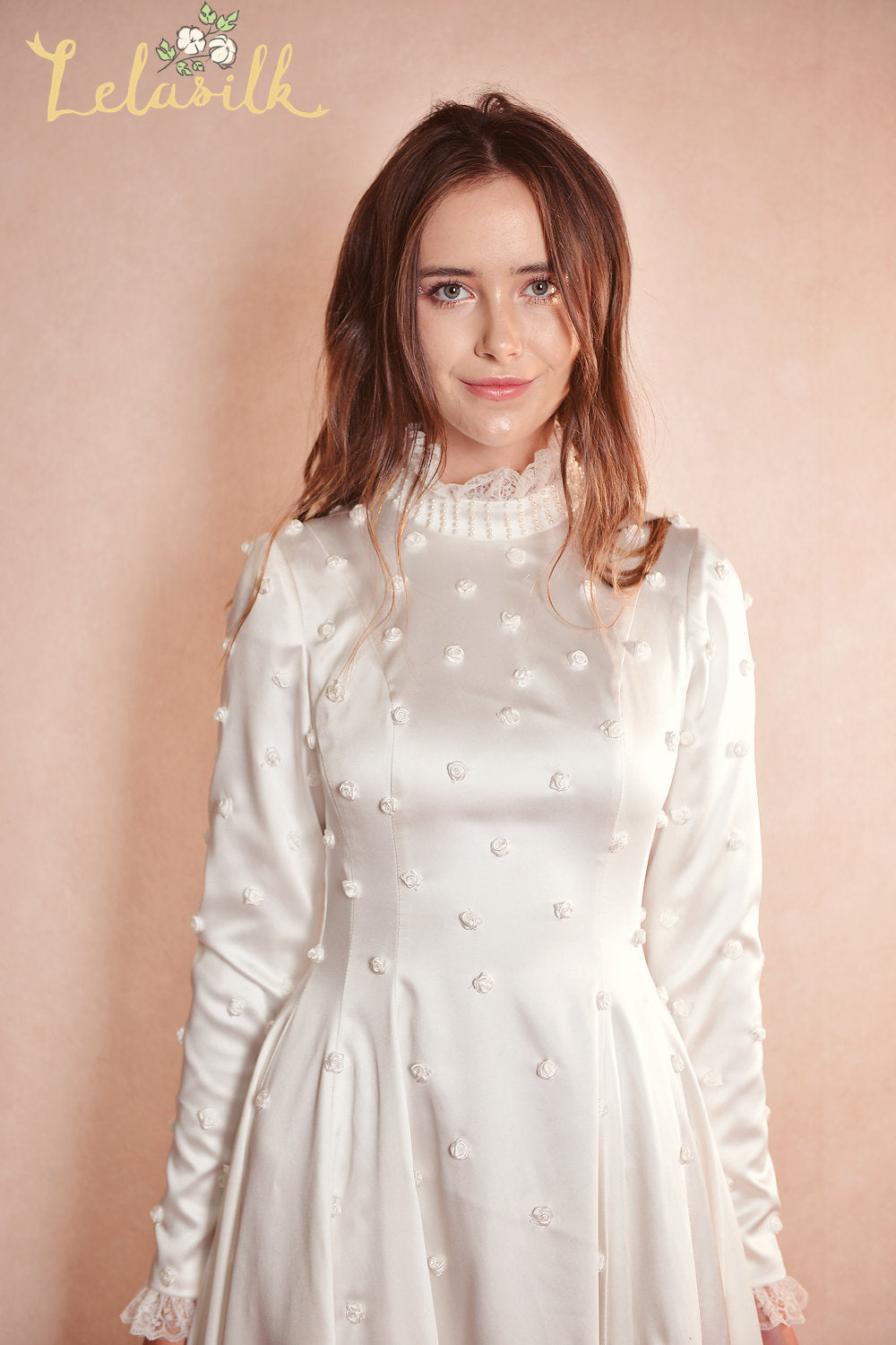 Embroidered Silk Dress - Classic Silk Wedding Dress - Flower Detailed Silk Gown
