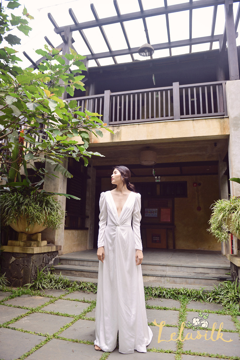 Bridal Gown with Long Train - Modern Simple Silk Dress - Long Train Silk Dress