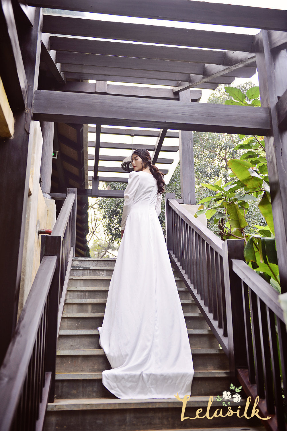 Bridal Gown with Long Train - Modern Simple Silk Dress - Long Train Silk Dress
