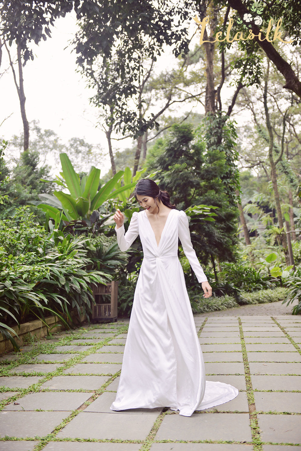 Bridal Gown with Long Train - Modern Simple Silk Dress - Long Train Silk Dress