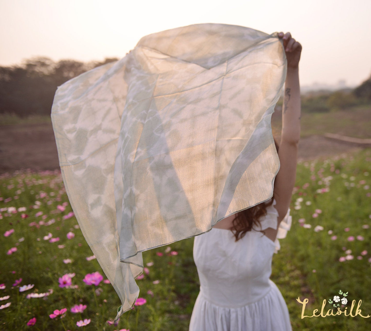 Shibori Silk Scarf - Natural Dye Japanese Technique - Real Silk Scarf - Gift for Wife - Gift for Mom