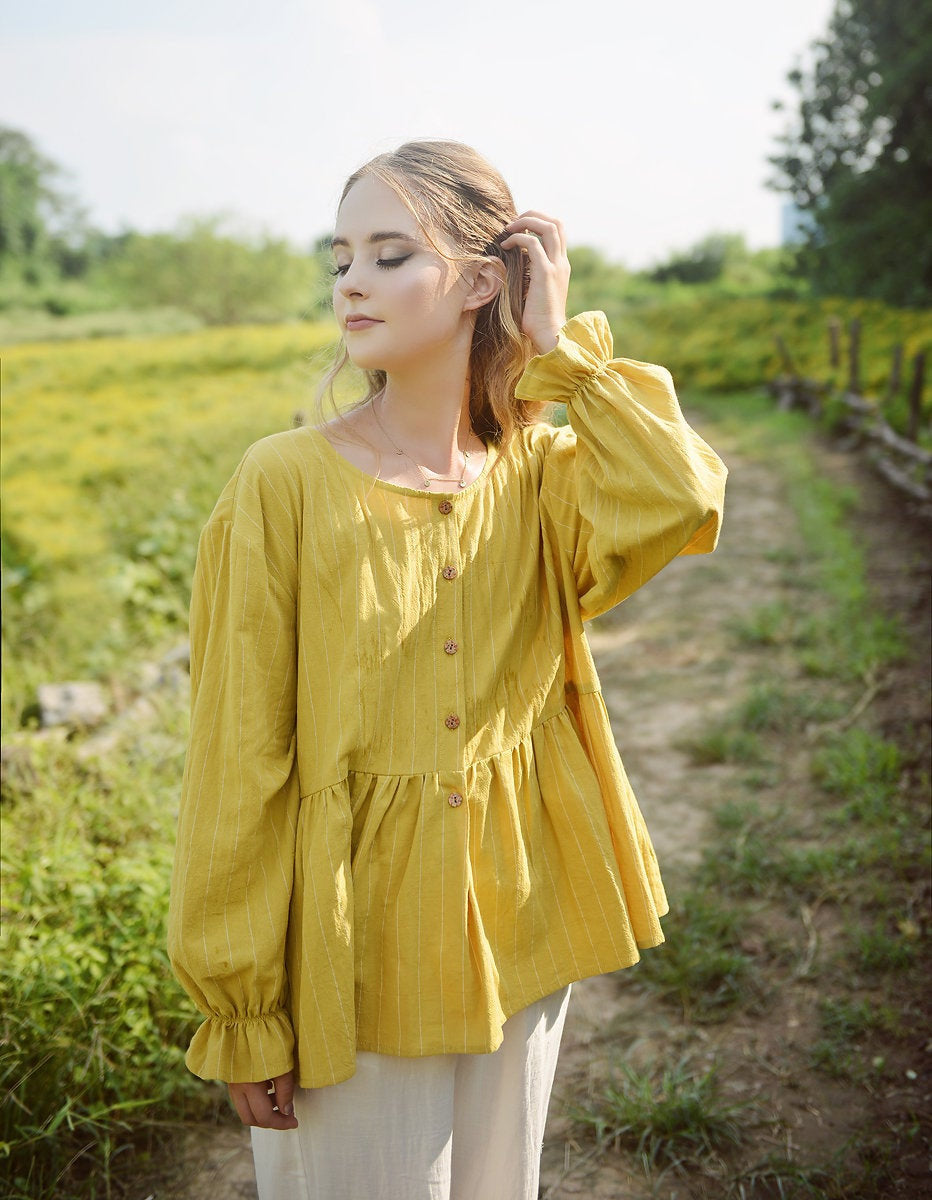 Summer Cotton Top - Women Yellow Blouse - Babydoll Linen Shirt - Women Casual Top