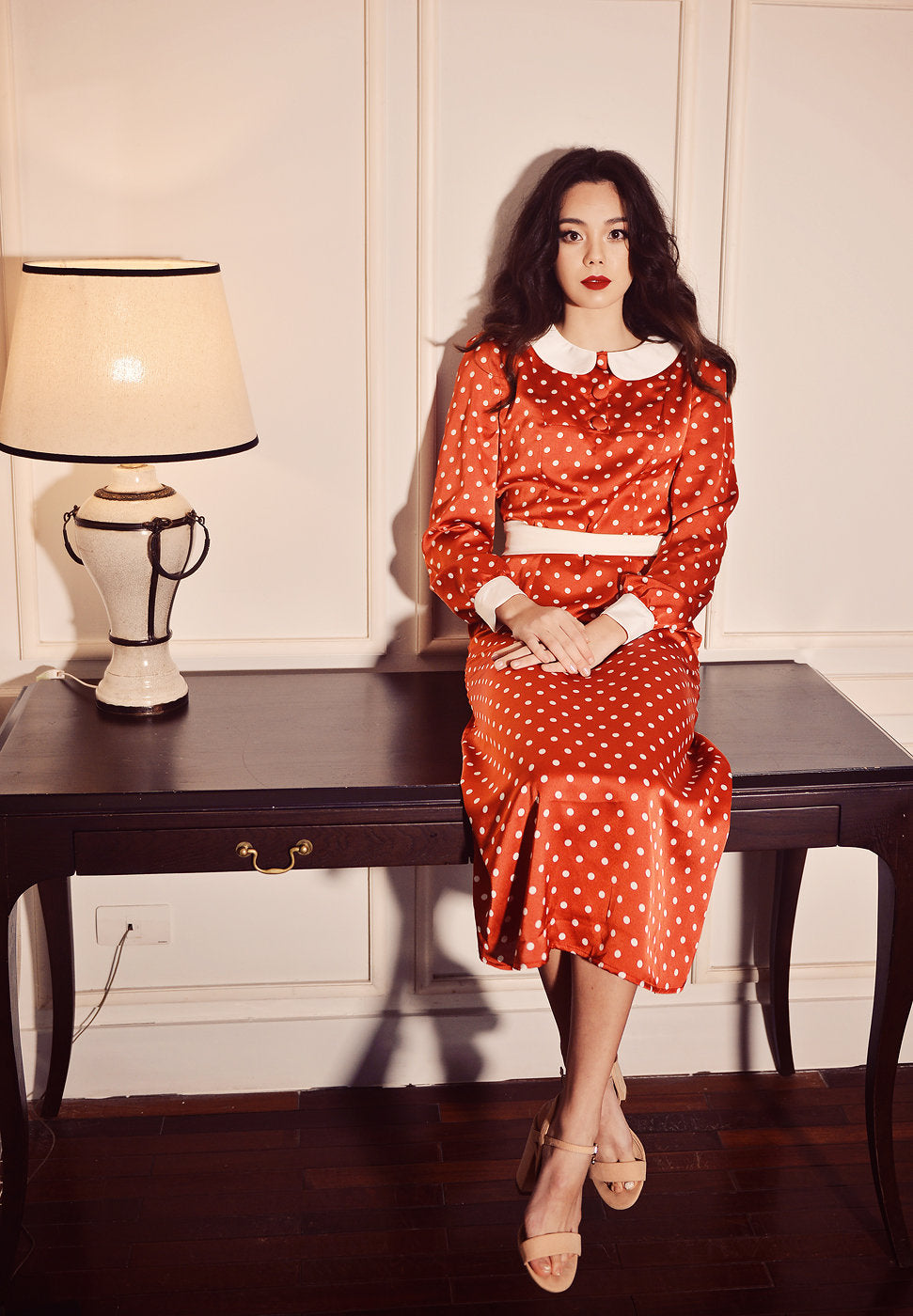 Vintage Style Silk Dress - Polka Dot Dress - Long Silk Dress