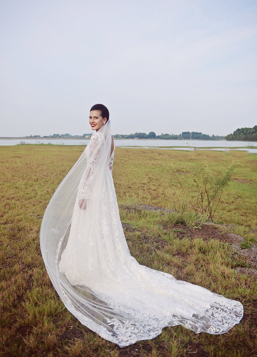 Lace Bridal Gown - Long Sleeves - DeepV Neckline Wedding Dress - LelaSilk Wedding Dress - Custom Wedding Dress
