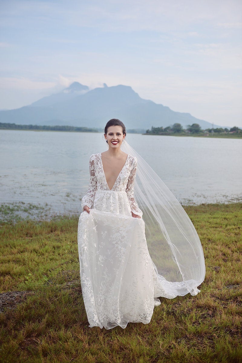 Lace Bridal Gown - Long Sleeves - DeepV Neckline Wedding Dress - LelaSilk Wedding Dress - Custom Wedding Dress