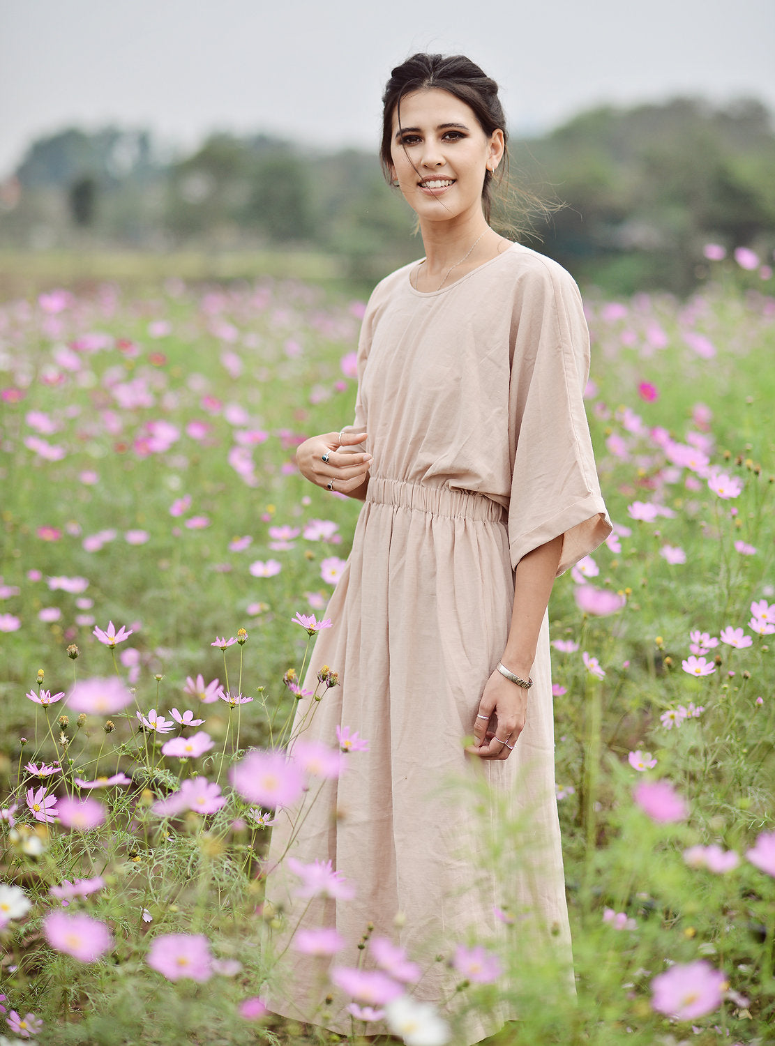 Linen Pleated Dress - Organic Cotton Dress - Women Long Robe Dress - Eco-Friendly Clothing