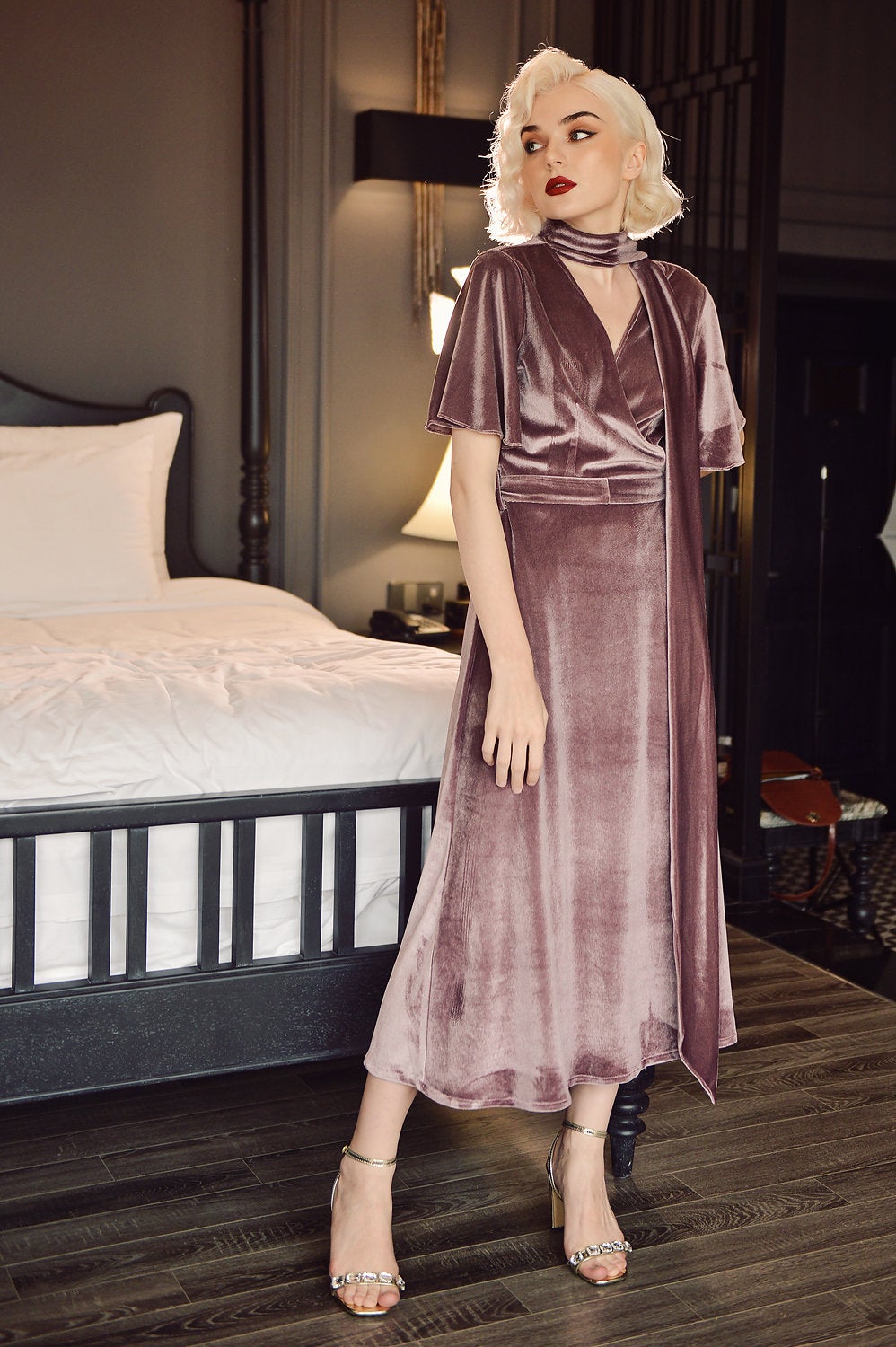 Winter Midi Velvet Dress - Velvet Party Dress - Wedding Guest Dress - Velvet Tea Dress