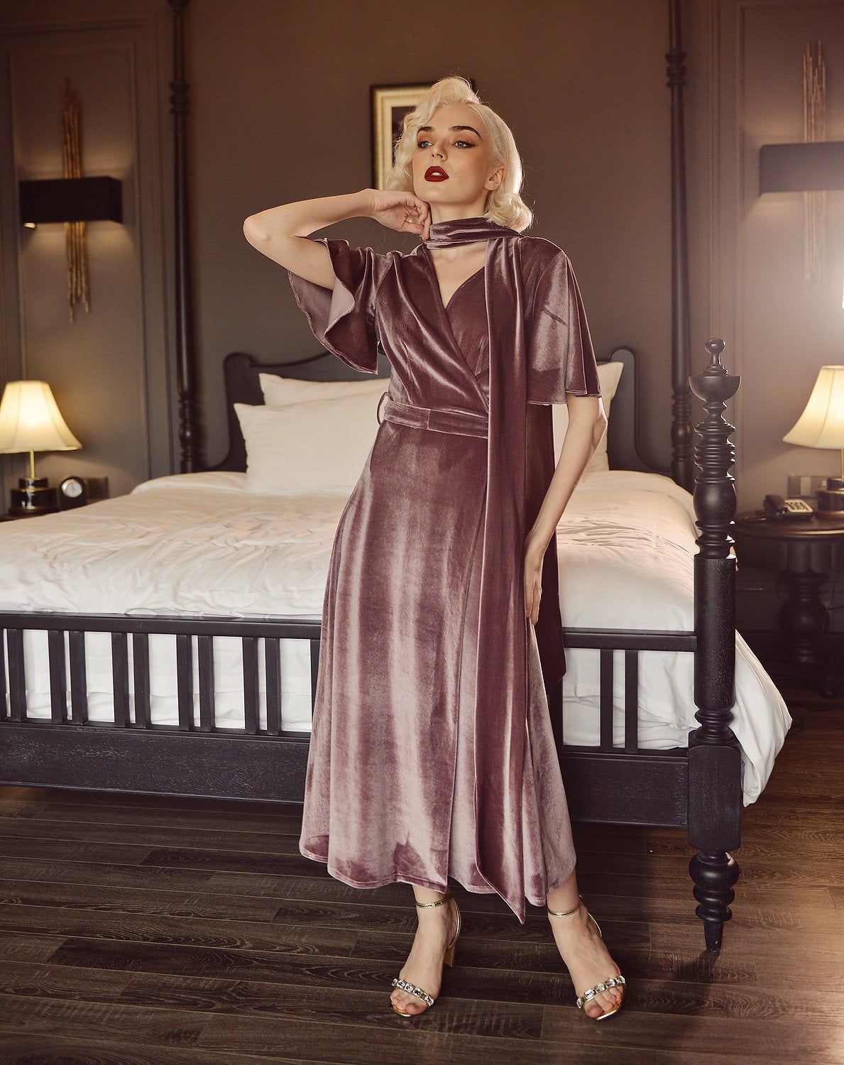 Winter Midi Velvet Dress - Velvet Party Dress - Wedding Guest Dress - Velvet Tea Dress