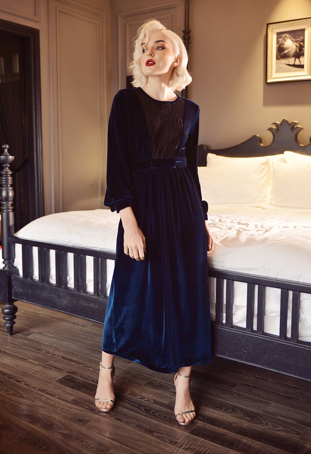Velvet Lace Dress - Wedding Guest Dress - Midi Prom Dress