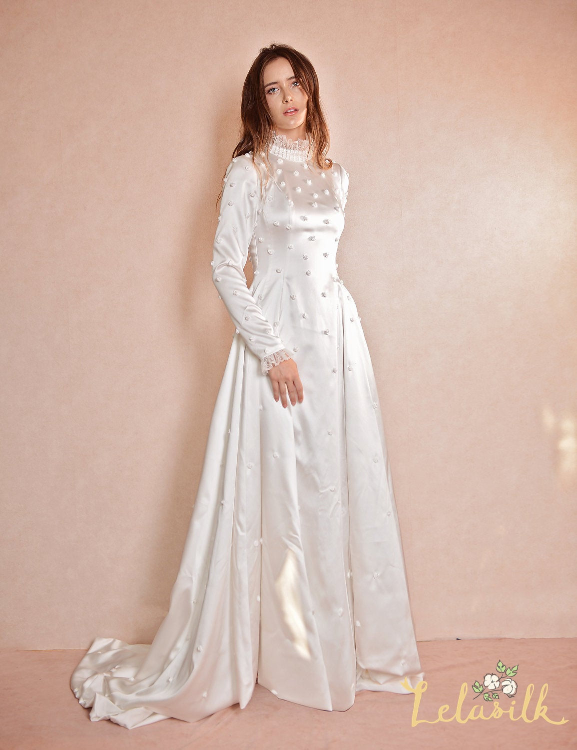 Embroidered Silk Dress - Classic Silk Wedding Dress - Flower Detailed Silk Gown