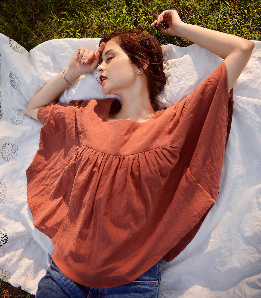 Women Linen Top - Top with Sleeves - Natural Fabric - Casual Cotton Top