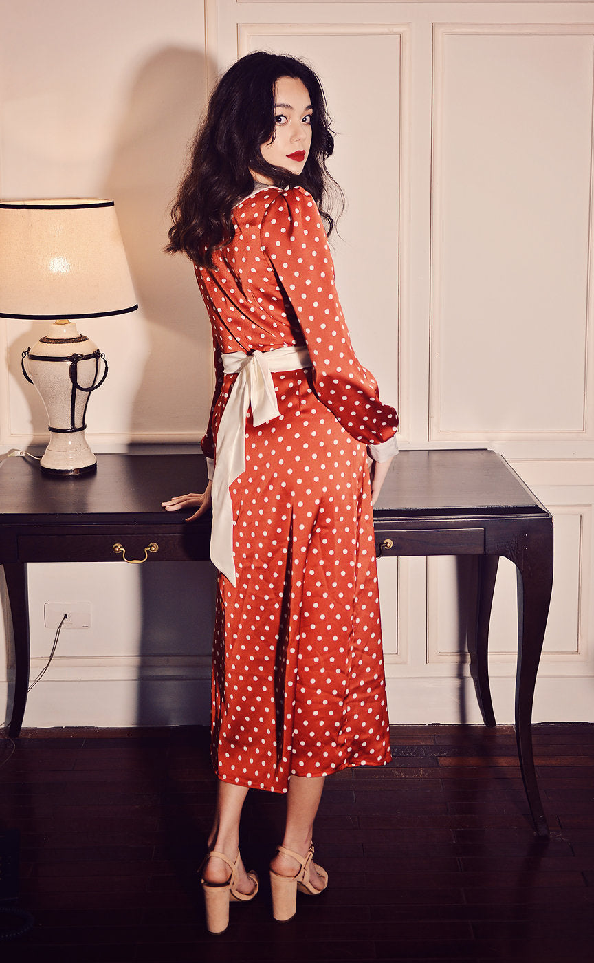 Vintage Style Silk Dress - Polka Dot Dress - Long Silk Dress