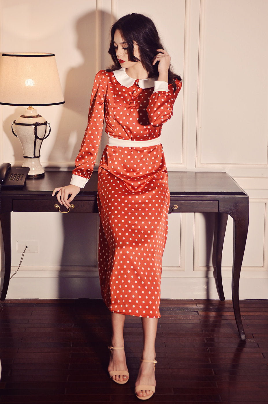 Vintage Style Silk Dress - Polka Dot Dress - Long Silk Dress