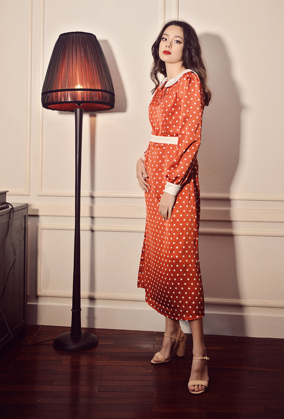 Vintage Style Silk Dress - Polka Dot Dress - Long Silk Dress