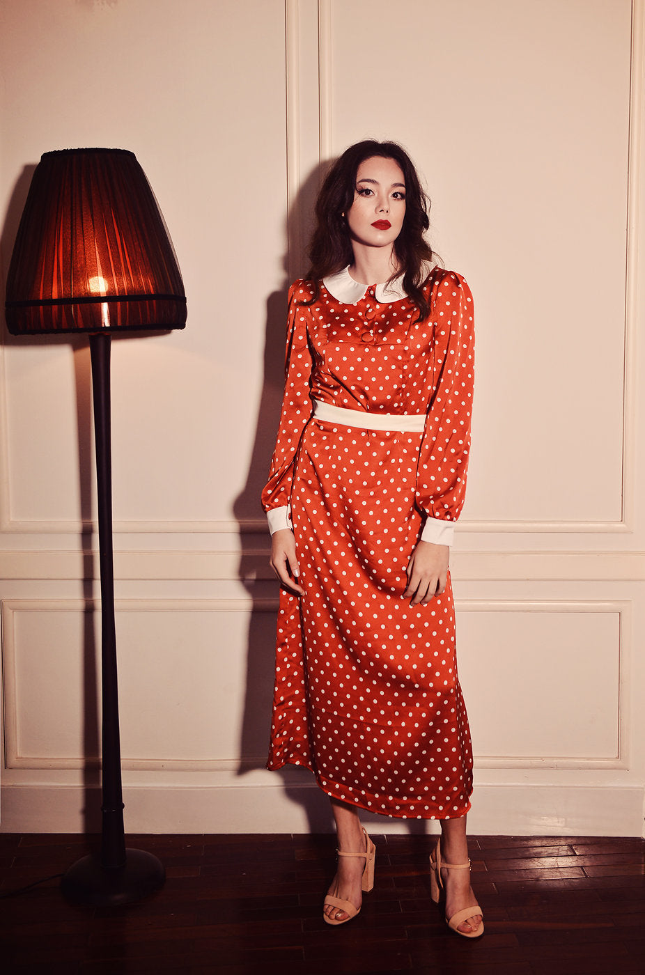 Vintage Style Silk Dress - Polka Dot Dress - Long Silk Dress
