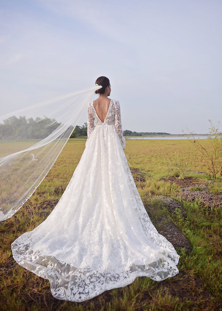 Lace Bridal Gown - Long Sleeves - DeepV Neckline Wedding Dress - LelaSilk Wedding Dress - Custom Wedding Dress