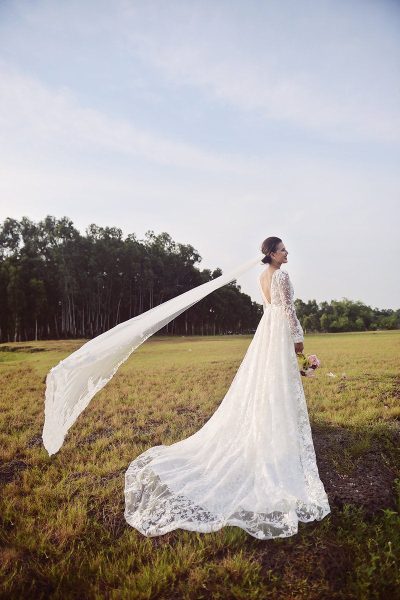Lace Bridal Gown - Long Sleeves - DeepV Neckline Wedding Dress - LelaSilk Wedding Dress - Custom Wedding Dress