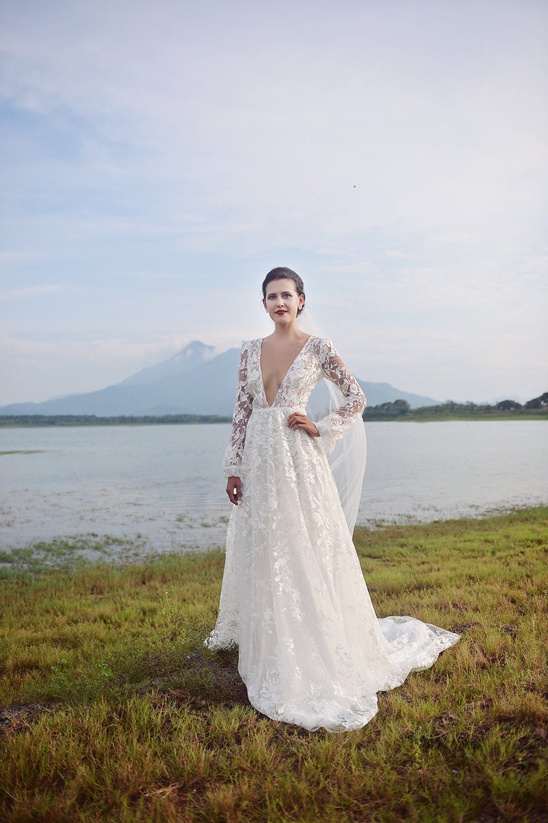 Lace Bridal Gown - Long Sleeves - DeepV Neckline Wedding Dress - LelaSilk Wedding Dress - Custom Wedding Dress