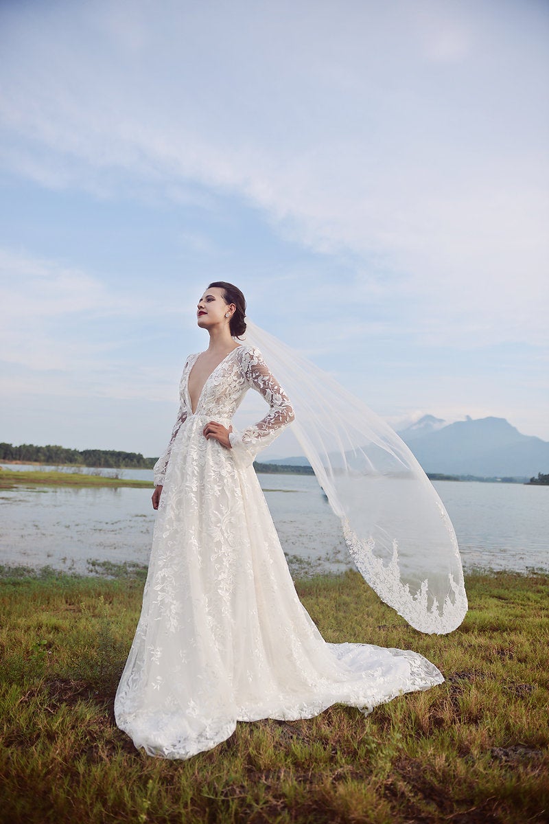 Lace Bridal Gown - Long Sleeves - DeepV Neckline Wedding Dress - LelaSilk Wedding Dress - Custom Wedding Dress
