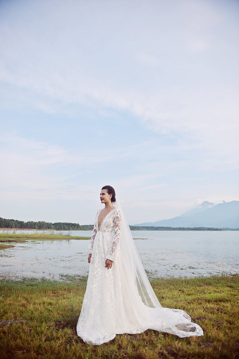 Lace Bridal Gown - Long Sleeves - DeepV Neckline Wedding Dress - LelaSilk Wedding Dress - Custom Wedding Dress